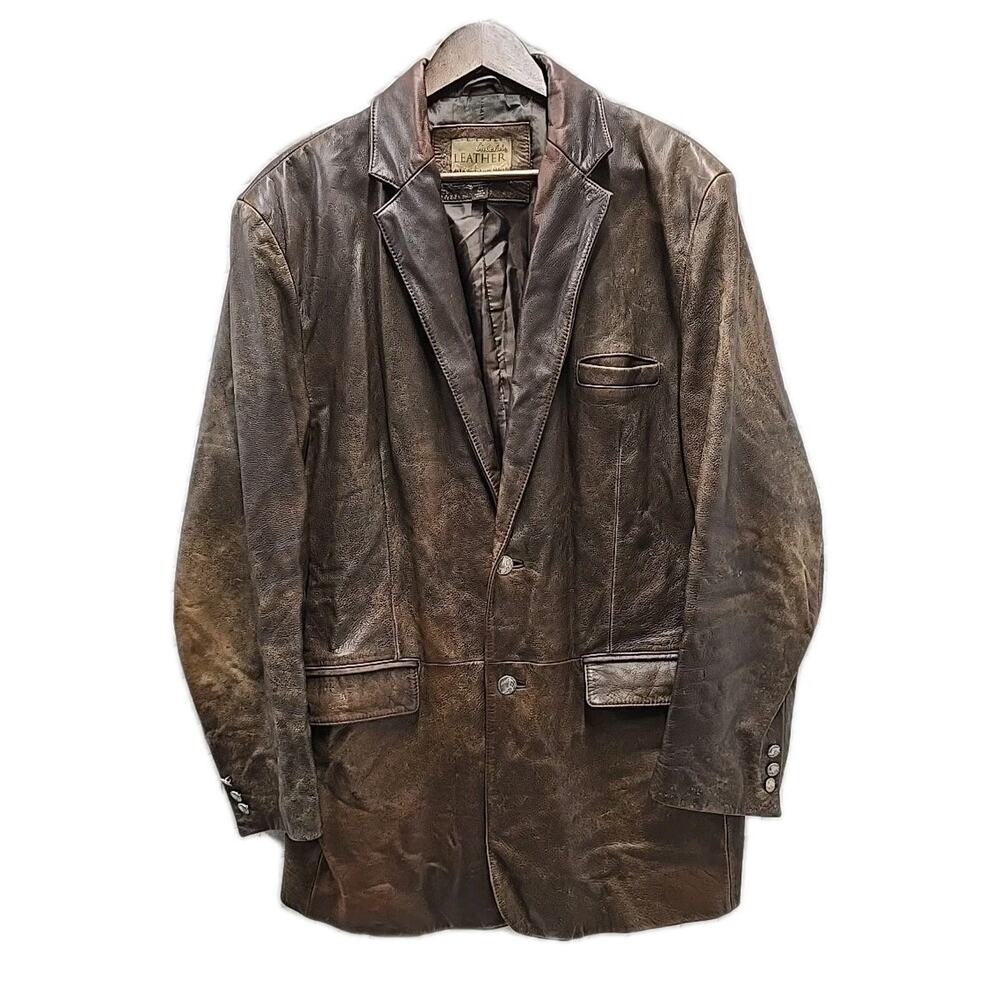 Vintage Cabelas Brown Leather Sport Coat 44T Buffalo Nickel Buttons Distressed